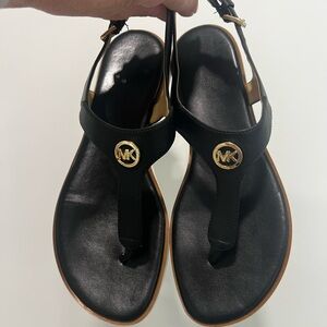 Michael Kors Black Leather Slingback Sandals with Gold Accents
